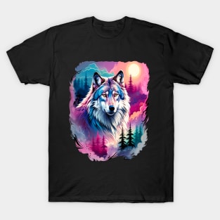 A Grey Wolf with Mountains, Floral Elements, Forests, Trees T-Shirt